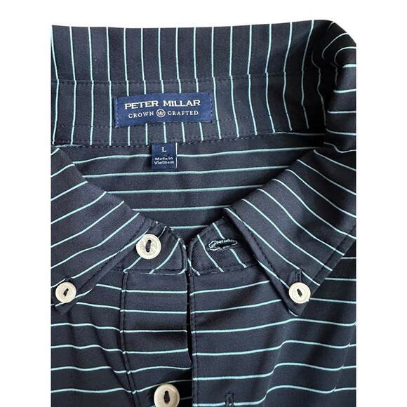 Peter Millar Crown Sport Blue Golf Striped Print Short Sleeve Polo Shirt Size L - Picture 2 of 5